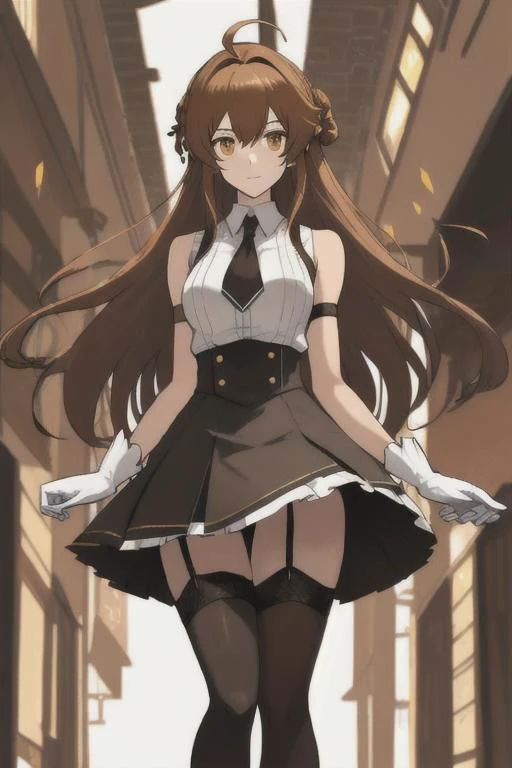 ,Ninym Ralei ,ninym ralei, ahoge, long hair, hair ornament, sleeveless shirt, brown thighhighs, garter straps, skirt, white gloves, arm garter spread legs, perfect feet, standing in shock, <lora:ninym1:1> outside cafe, leading pov, evil thoughts