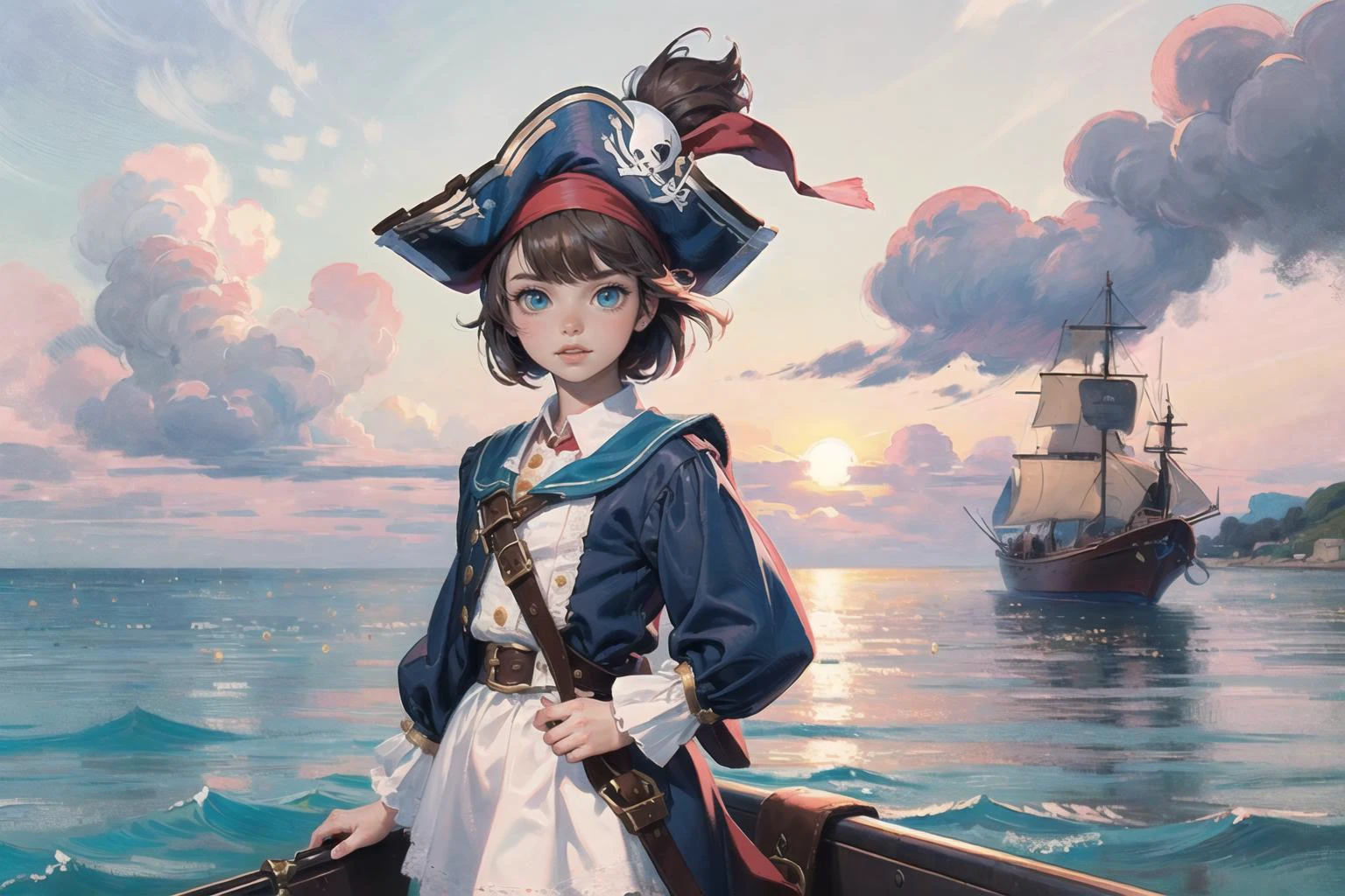 Kodak mc3,masterpiece,best quality,absurdres,detailed background,perfect correct anatomy,portrain:1.35,1girl,a young pirate:1.3 stands near a big pirate sailboat,serious,severe eyes,(seascape,open sea),clouds,day,sunlight,pirate clothes,captitain pirate hat,(brilliant red:1.2 hair),cut hair,wild hair,(medival pirate fantasy theme:1.1),pastel colors,soft shadow,chromatic aberration,ambient occlusion,cimenatic light,<lora:add_detail:0.43>,<lyco:GoodHands-beta2:1>,<lora:age_slider_v6:-2>,<lora:hado_style_v01.1final:0.2>,<lora:oil_painting_v1:0.85>,<lora:Kitazume_Hiroyuki_style_v01.08:0.2>,21thkitazume,<lora:HerrscherAGGA2023_CuteMaster_PastelStyle:0.25>,AGGA_ST004