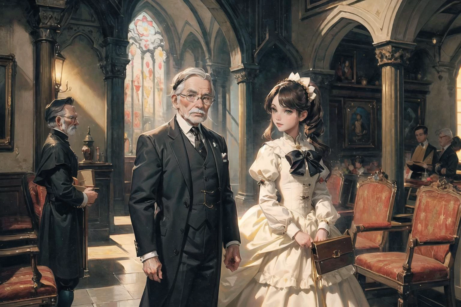 Canon EOS M,masterpiece,best quality,absurdres,detailed background,sepia,monochrome,closeup shot,looking at viewer,perfect correct anatomy,1man,(elder man butler:1.45) in (a bowed his head in reverence:1.2) front ( mistress girl:1.2),neatly styled hair,hairstyle with a cut ponytail,(medieval theme:1.25),a strict black suit,vest,poetic lens,obscure light and shadow,nostalgia,aestheticism,(immersive atmosphere, chiaroscuro:1.35,bright light:1.2,luminous lighting),soft shadow,chromatic aberration,ambient oclusion,cimenatic light,<lora:add_detail:0.65>,<lyco:GoodHands-beta2:1>,<lora:age_slider_v6:-2>,<lora:hado_style_v01.1final:0.2>,<lora:oil_painting_v1:0.85>,<lora:Kitazume_Hiroyuki_style_v01.08:0.2>,21thkitazume,<lora:HerrscherAGGA2023_CuteMaster_PastelStyle:0.25>,AGGA_ST004