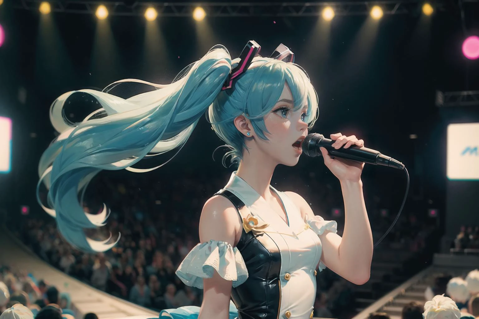 Canon PowerShot G7,masterpiece,best quality,absurdres,detailed background,closeup shot,upper body focus,perfect correct anatomy,consert miku hatsune on open air stadium,singing on stage,miku idol clothes,very long hair,floofy hair,stage lights,dynamic arms pose,poetic lens,obscure light and shadow,nostalgia,aestheticism,(immersive atmosphere, chiaroscuro:1.35,bright light:1.2,luminous lighting),soft shadow,chromatic aberration,ambient oclusion,cimenatic light,<lora:add_detail:0.65>,<lyco:GoodHands-beta2:1>,<lora:age_slider_v6:-2>,<lora:hado_style_v01.1final:0.25>,<lora:oil_painting_v1:0.85>,<lora:Kitazume_Hiroyuki_style_v01.08:0.3>,21thkitazume,<lora:HerrscherAGGA2023_CuteMaster_PastelStyle:0.35>,AGGA_ST004
