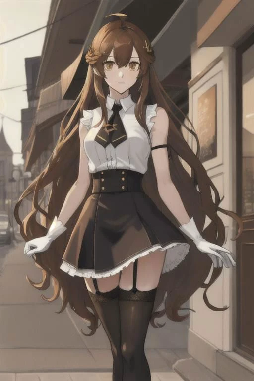 ,Ninym Ralei ,ninym ralei, ahoge, long hair, hair ornament, sleeveless shirt, brown thighhighs, garter straps, skirt, white gloves, arm garter spread legs, perfect feet, standing in shock, <lora:ninym1:1> outside cafe, leading pov, evil thoughts