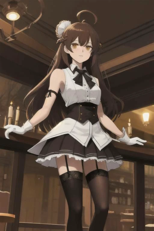 ,Ninym Ralei ,ninym ralei, ahoge, long hair, hair ornament, sleeveless shirt, brown thighhighs, garter straps, skirt, white gloves, arm garter spread legs, perfect feet, standing in shock, <lora:ninym1:1> outside cafe, leading pov, evil thoughts