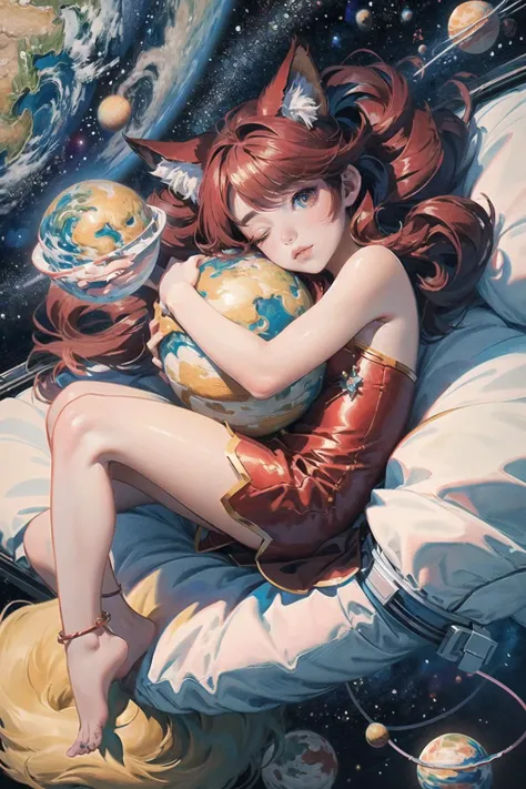 Kodak EasyShare C183,masterpiece,best quality,absurdres,detailed background,perfect correct anatomy,full body focus,1girl,[solo:medium:1.25],a young  (red foxgirl:1.5 sleeping in the fetal position:1.25),([hugs the planet earth:medium:1.45] in space:1.3),(one eye open:1.25),severe eyes,fluffy tail,space,stars,galaxy,nightie,(brilliant red:1.2 hair),long hair,wild hair,pastel colors,soft shadow,chromatic aberration,ambient cclusion,cimenatic light,<lora:add_detail:0.43>,<lyco:GoodHands-beta2:1>,<lora:age_slider_v6:-2>,<lora:hado_style_v01.1final:0.2>,<lora:oil_painting_v1:0.85>,<lora:Kitazume_Hiroyuki_style_v01.08:0.2>,21thkitazume,<lora:HerrscherAGGA2023_CuteMaster_PastelStyle:0.25>,AGGA_ST004