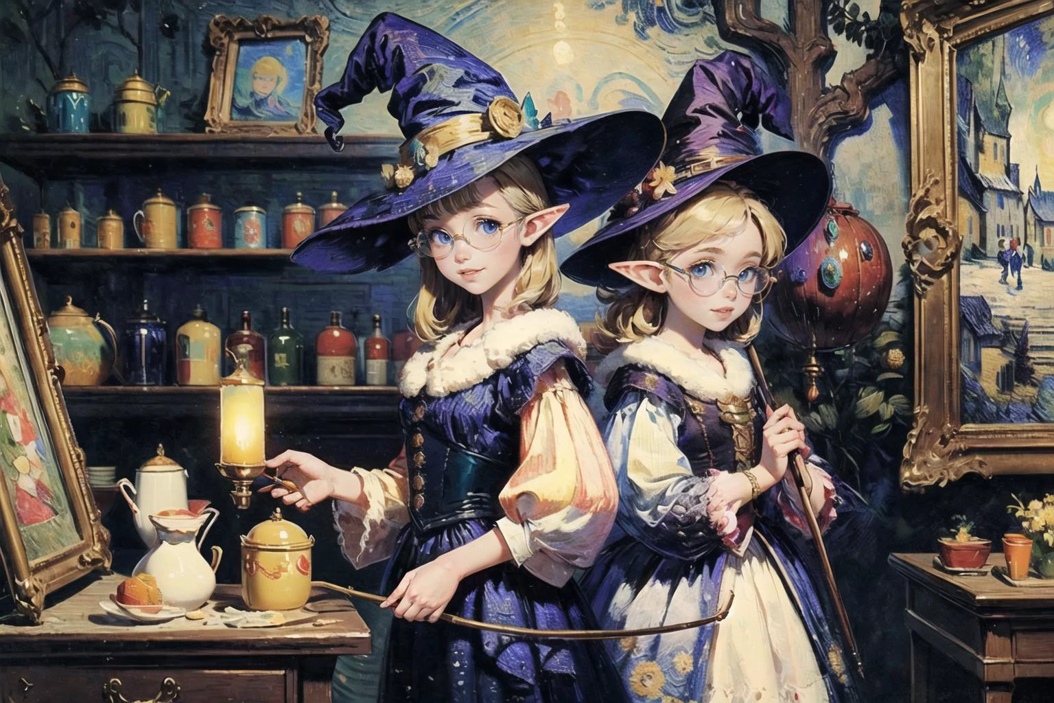 Canon PowerShot S95,masterpiece,best quality,absurdres,detailed background,perfect correct anatomy,(close-up:1.2,face_focus),looking at viewer,[from right side:medium:1.1],(in van Gogh style),solo,a young  elf witch [selects witches things in the shop: medium:1.25] of a fantasy village,looking around in surprise,shy,smile eyes,big round glasses,fantasy winter day,sunlight,witch hat,witches belt,(brilliant blonde:1.2 hair),small hands,thin fingers,pastel colors,soft shadow,chromatic aberration,<lora:add_detail:0.65>,<lyco:GoodHands-beta2:1>,<lora:age_slider_v6:-2>,<lora:hado_style_v01.1final:0.2>,<lora:oil_painting_v1:0.85>,<lora:Kitazume_Hiroyuki_style_v01.08:0.2>,21thkitazume,<lora:HerrscherAGGA2023_CuteMaster_PastelStyle:0.25>,AGGA_ST004