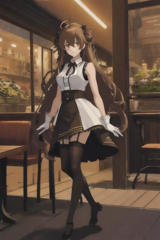 ,Ninym Ralei ,ninym ralei, ahoge, long hair, hair ornament, sleeveless shirt, brown thighhighs, garter straps, skirt, white gloves, arm garter spread legs, perfect feet, standing in shock, <lora:ninym1:1> outside cafe, leading pov, evil thoughts