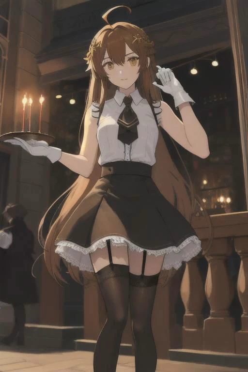 ,Ninym Ralei ,ninym ralei, ahoge, long hair, hair ornament, sleeveless shirt, brown thighhighs, garter straps, skirt, white gloves, arm garter spread legs, perfect feet, standing in shock, <lora:ninym1:1> outside cafe, leading pov, evil thoughts