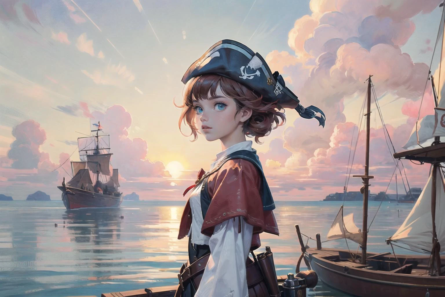 Canon PowerShot S60,masterpiece,best quality,absurdres,detailed background,perfect correct anatomy,portrain:1.35,1girl,a young pirate:1.3 on a old wooden sailboat:1.4,serious,severe eyes,(seascape,open sea),clouds,day,sunlight,pirate clothes,captitain pirate hat,(brilliant red:1.2 hair),cut hair,wild hair,(medival pirate fantasy theme:1.1),pastel colors,soft shadow,chromatic aberration,ambient occlusion,cimenatic light,<lora:add_detail:0.53>,<lyco:GoodHands-beta2:1>,<lora:age_slider_v6:-2>,<lora:hado_style_v01.1final:0.2>,<lora:oil_painting_v1:0.85>,<lora:Kitazume_Hiroyuki_style_v01.08:0.2>,21thkitazume,<lora:HerrscherAGGA2023_CuteMaster_PastelStyle:0.25>,AGGA_ST004