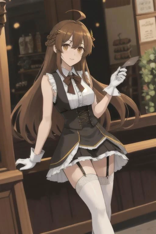 ,Ninym Ralei ,ninym ralei, ahoge, long hair, hair ornament, sleeveless shirt, brown thighhighs, garter straps, skirt, white gloves, arm garter spread legs, perfect feet, standing in shock, <lora:ninym1:1> outside cafe, leading pov, evil thoughts
