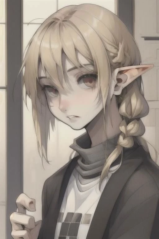 Lapanya:1.0, adult, ((flat_chest:1.5, no_breasts:1.6, flat_pectorals, androgynous_chest, no_nipples)), ((snout_nose:2.0, nonhuman_nose)), ((long_hair, blonde_hair, gray_eyes, scar_on_lip)), nose_connected_straight_to_upper_lip:1.5, ((straight_line_from_lip_to_nose:1.5)), straight_septum, ((3_fingers_1_thumb, regular_sized_hand)), pointed_ears, short_stature, round_face, chubby, high_quality, ((clearly_defined_face, detailed_face)), detailed_hands, detailed_tongue, detailed_mouth, detailed_eyes, clean_lines, best_quality, ultra_quality