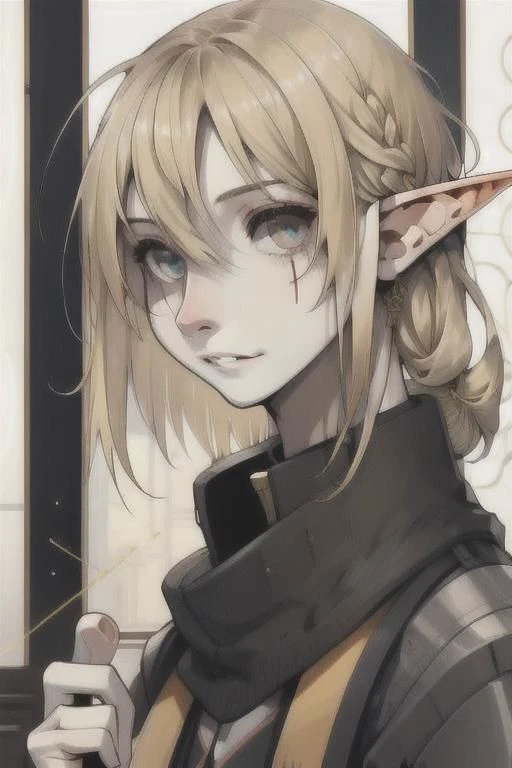 Lapanya:1.0, adult, ((flat_chest:1.5, no_breasts:1.6, flat_pectorals, androgynous_chest, no_nipples)), ((snout_nose:2.0, nonhuman_nose)), ((long_hair, blonde_hair, gray_eyes, scar_on_lip)), nose_connected_straight_to_upper_lip:1.5, ((straight_line_from_lip_to_nose:1.5)), straight_septum, ((3_fingers_1_thumb, regular_sized_hand)), pointed_ears, short_stature, round_face, chubby, high_quality, ((clearly_defined_face, detailed_face)), detailed_hands, detailed_tongue, detailed_mouth, detailed_eyes, clean_lines, best_quality, ultra_quality