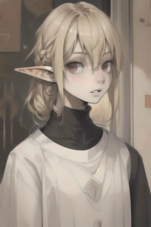 Lapanya:1.0, adult, ((flat_chest:1.5, no_breasts:1.6, flat_pectorals, androgynous_chest, no_nipples)), ((snout_nose:1.9, nonhuman_nose)), ((long_hair, blonde_hair, gray_eyes, scar_on_lip)), nose_connected_straight_to_upper_lip, ((straight_line_from_lip_to_nose)), straight_septum, ((3_fingers_1_thumb, regular_sized_hand)), pointed_ears, short_stature, round_face, chubby, high_quality, ((clearly_defined_face, detailed_face)), detailed_hands, detailed_tongue, detailed_mouth, detailed_eyes, clean_lines, best_quality, ultra_quality