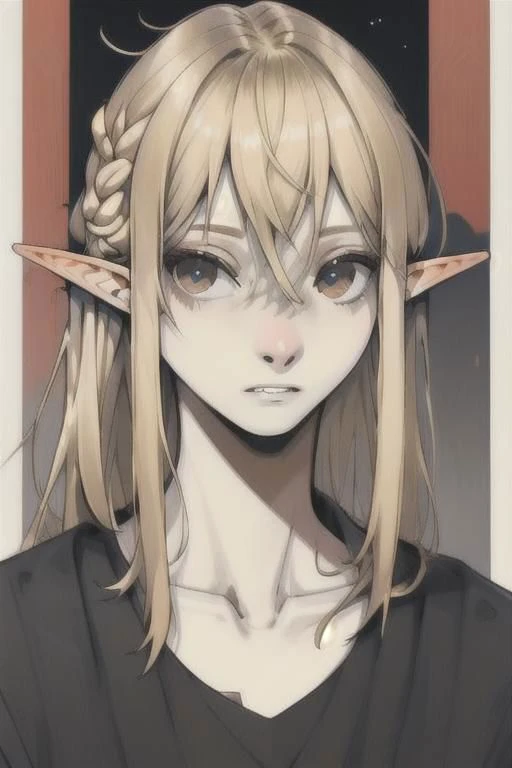 Lapanya:1.0, adult, ((flat_chest:1.5, no_breasts:1.6, flat_pectorals, androgynous_chest, no_nipples)), ((snout_nose:2.0, nonhuman_nose)), ((long_hair, blonde_hair, gray_eyes, scar_on_lip)), nose_connected_straight_to_upper_lip:1.5, ((straight_line_from_lip_to_nose:1.5)), straight_septum, ((3_fingers_1_thumb, regular_sized_hand)), pointed_ears, short_stature, round_face, chubby, high_quality, ((clearly_defined_face, detailed_face)), detailed_hands, detailed_tongue, detailed_mouth, detailed_eyes, clean_lines, best_quality, ultra_quality