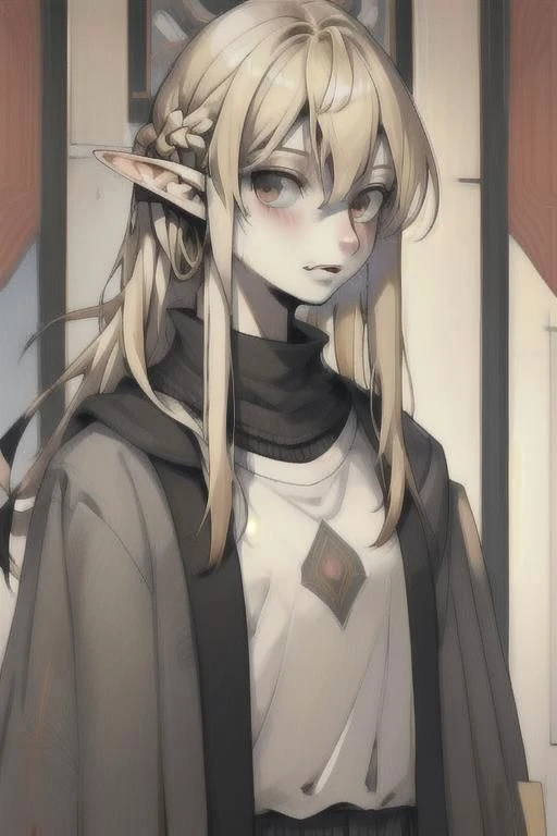 Lapanya:1.0, adult, ((flat_chest:1.5, no_breasts:1.6, flat_pectorals, androgynous_chest, no_nipples)), ((snout_nose:2.1, nonhuman_nose)), ((long_hair, blonde_hair, gray_eyes, scar_on_lip)), nose_connected_straight_to_upper_lip:1.5, ((straight_line_from_lip_to_nose:1.5)), straight_septum, ((3_fingers_1_thumb, regular_sized_hand)), pointed_ears, short_stature, round_face, chubby, high_quality, ((clearly_defined_face, detailed_face)), detailed_hands, detailed_tongue, detailed_mouth, detailed_eyes, clean_lines, best_quality, ultra_quality
