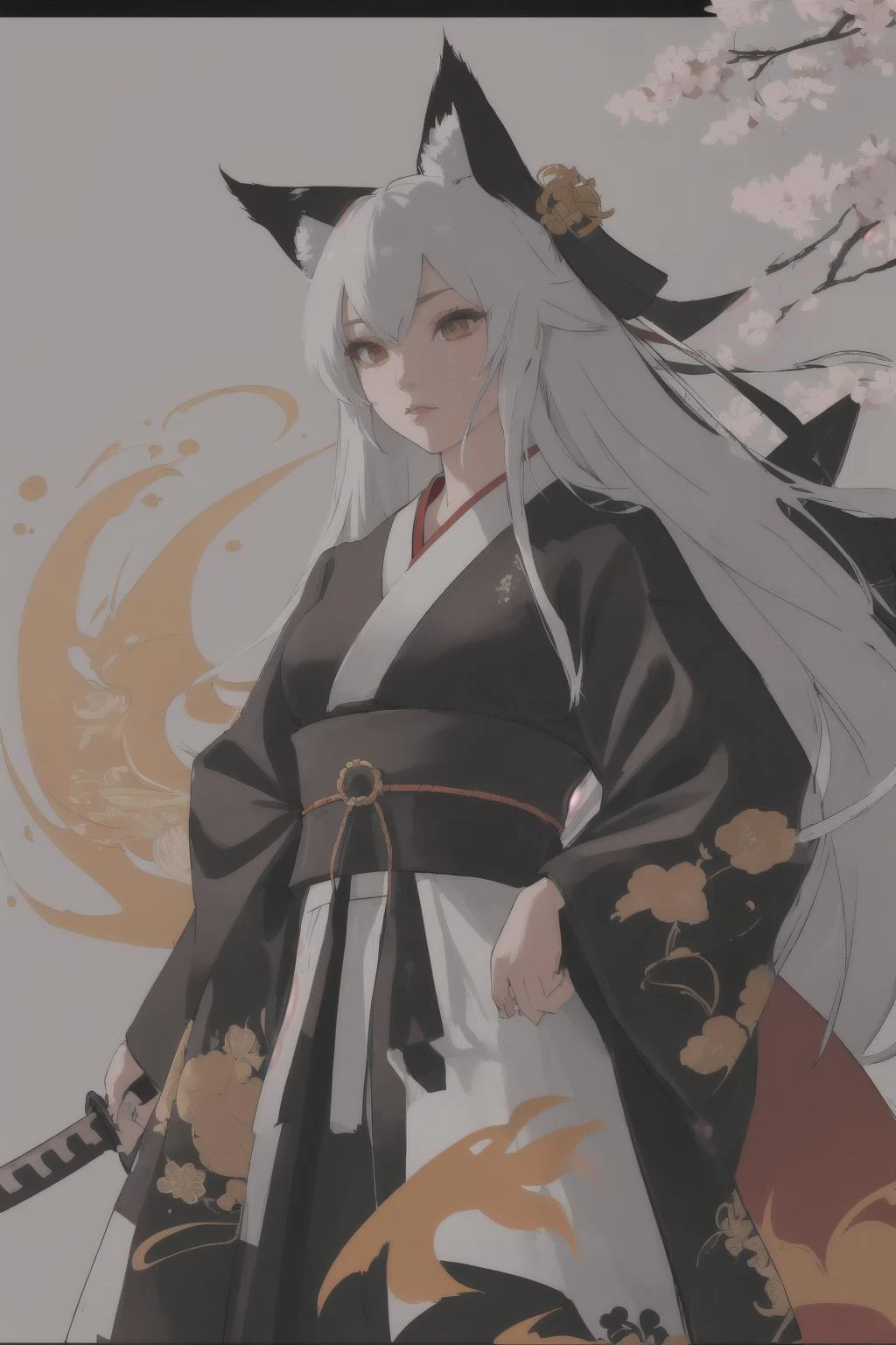 fox ear female pope,Japanese ink painting,golden tail,solo tail,KIMONO,(Kyo Yuzen KIMONO),Bright phoenix kimono pattern,high-res KIMONO details,view from below,long hair,straight hair,light red color hair,(contrast:1.4),(high-res details:1.6),she has Japanese KATANA,high-res Katana details,katana blade length 100cm,black and silver katana blade,The sword blade reflects the shine,, high-res details,32K,high-res eyes details,high-res hair drawing,