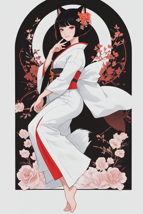 fox ear girl,single,fox tail,fill screen by flowers,looking away,view from her side,(shade on face:1.2),smile gently,(Kyo Yuzen kimono:1.20),flower pattern KIMONO,(color pencil drawing:1.2),(full body:1.2),high-res details,8K,KIMONO pattern draw by watercolor,foxy eye style,crimson color eyeballs,high-res eyes detail,bob-cut hair style,bang-up hair,black color hair,high-res hair drawing,white paper canvas,barefoot,bright bouquet in hands,heart pose by hands, high-res details,32K,high-res eyes details,high-res hair drawing,