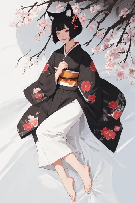 fox ear girl,single,fox tail,fill screen by flowers,looking away,view from her side,(shade on face:1.2),smile gently,(Kyo Yuzen kimono:1.20),flower pattern KIMONO,(color pencil drawing:1.2),(full body:1.2),high-res details,8K,KIMONO pattern draw by watercolor,foxy eye style,crimson color eyeballs,high-res eyes detail,bob-cut hair style,bang-up hair,black color hair,high-res hair drawing,white paper canvas,barefoot,bright bouquet in hands,heart pose by hands, high-res details,32K,high-res eyes details,high-res hair drawing,