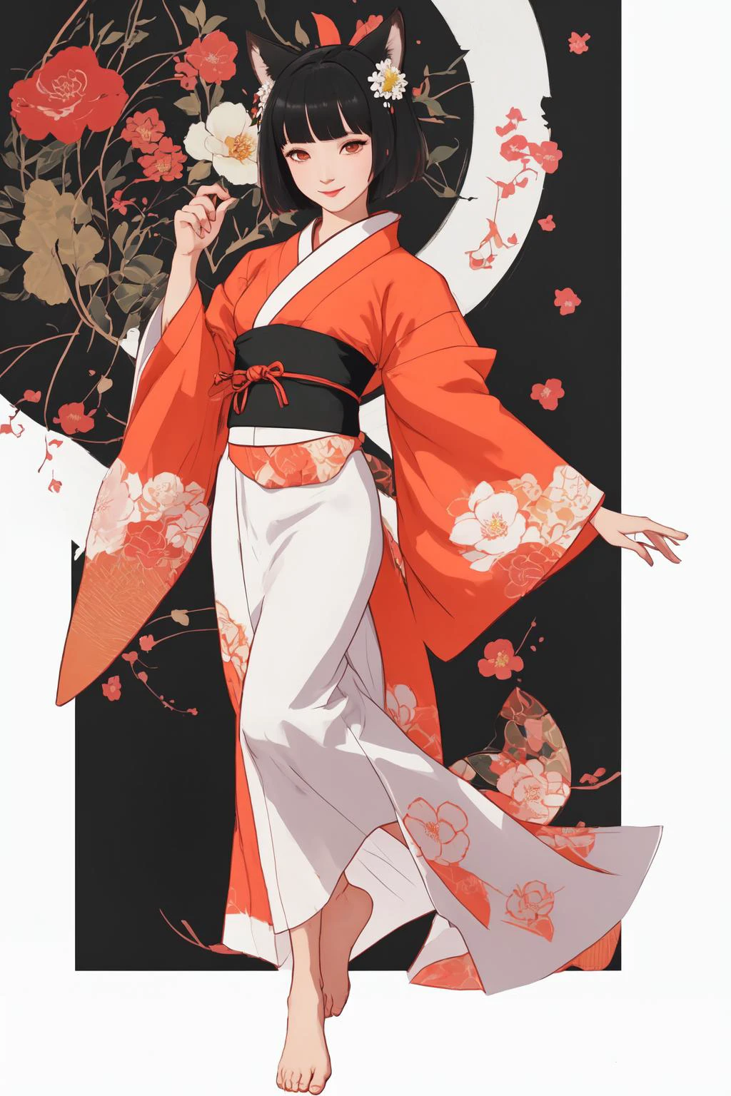 fox ear girl,single,fox tail,fill screen by flowers,looking away,view from her side,(shade on face:1.2),smile gently,(Kyo Yuzen kimono:1.20),flower pattern KIMONO,(color pencil drawing:1.2),(full body:1.2),high-res details,8K,KIMONO pattern draw by watercolor,foxy eye style,crimson color eyeballs,high-res eyes detail,bob-cut hair style,bang-up hair,black color hair,high-res hair drawing,white paper canvas,barefoot,bright bouquet in hands,heart pose by hands, high-res details,32K,high-res eyes details,high-res hair drawing,