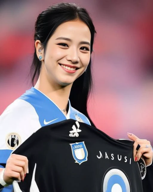 a beautiful jisoo woman wearing tights and a shirt of the Argentine soccer team, full body, cute, sexy, highly detailed, illuminated edges, volumetric lights, cinematic, aesthetic, realistic