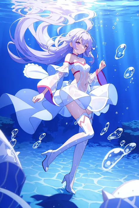 best quality, masterpiece, under water, floating, sunlight, bubbles, full body, 1girl, solo, (petite:1.2), light purple hair, long hair, floating hair, purple eyes, medium breasts, white dress, see-through, off shoulder, wet clothes, detached sleeves, cleavage cutout, white thighhighs, white stiletto heels,