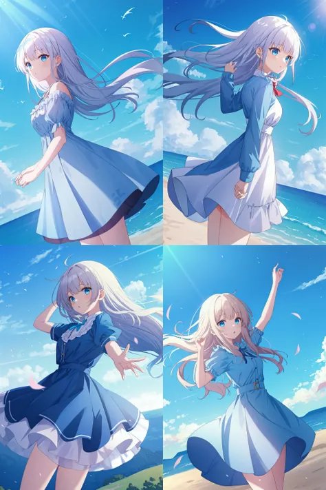 (masterpiece, ultra high res, best quality:1.1), 1girl, solo, white long hair, (dynamic angle, cowboy shot:1.2), dress, blue theme, outdoors, blue sky, scenery, horizon,