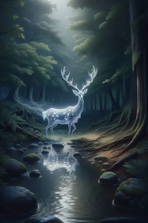 white deer,ethereal_deer,<lora:Ethereal_Dear:1.1>,forest,light, see through, (masterpiece, best quality, high quality, highres, ultra-detailed),