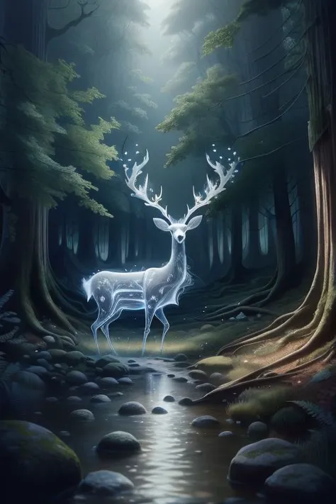 white deer,ethereal dear,<lora:Ethereal_Dear:1>,forest,light, see through, (masterpiece, best quality, high quality, highres, ultra-detailed),