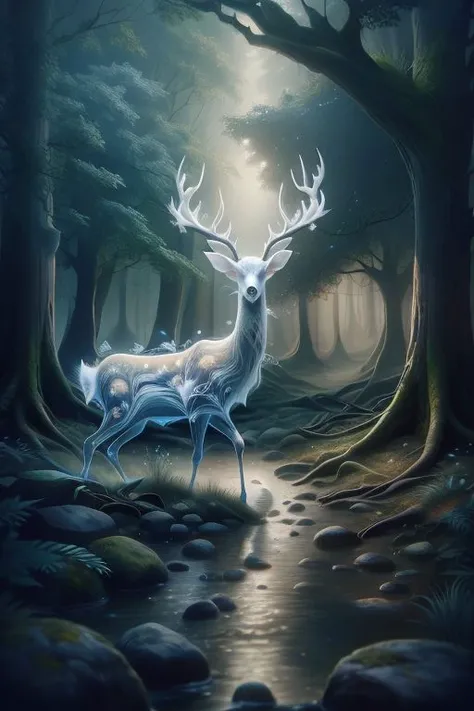 white deer,ethereal dear,<lora:Ethereal_Dear:1>,forest,light, see through, (masterpiece, best quality, high quality, highres, ultra-detailed),
