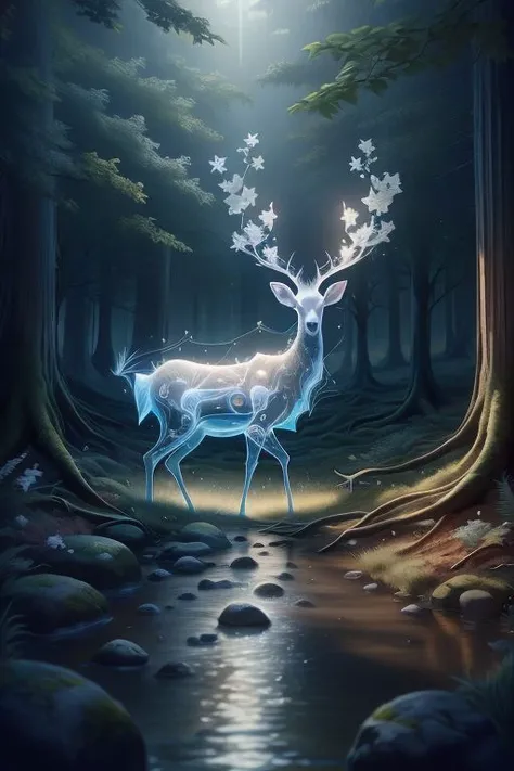 white deer,ethereal dear,<lora:Ethereal_Dear:1>,forest,light, see through, (masterpiece, best quality, high quality, highres, ultra-detailed),
