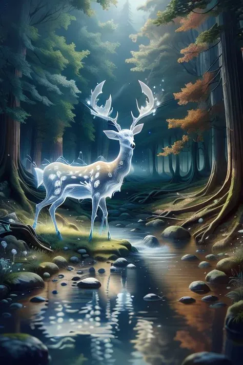 white deer,ethereal deer,<lora:Ethereal_Dear:1>,start light, see through, (masterpiece, best quality, high quality, highres, ultra-detailed),