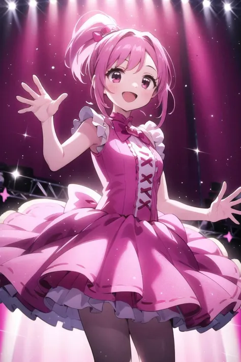 best quality, ultra-detailed, (1girl, solo,   <lyco:suger-suger-min-v1:0.7>,suger-suger-min, ssmabenana, pink dress, miniskirt, ponytail, :d), on the stage, waving hand <lora:spotlight:1.2> spotlight,