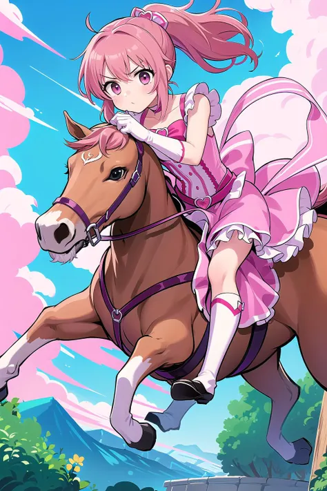 best quality, ultra-detailed, (1girl, solo, <lyco:suger-suger-min-v1:1>,suger-suger-min, ssmabenana, pink dress, miniskirt, ponytail, serious), riding a horse