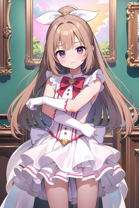 best quality, ultra-detailed, (1girl, solo, <lyco:suger-suger-min-v1:1>,suger-suger-min, very long hair, white dress, miniskirt, , staring), in an art gallery