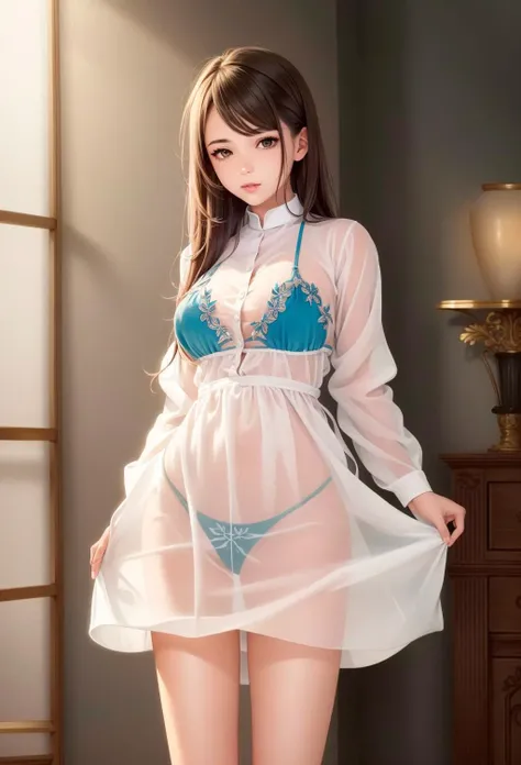 masutepiece, photographrealistic,POV, (Light blue see-through made clothes:1.5), Vulgarity, brightly lit room、White sheets、Lying on your back in bed、light brown hair、detailedeyes、Detailed nose、Detailed tongue、lickling lips、Huge twintails, Curl inside, Short hair, Skirt lift 、white knee highs、zettai ryouiki、(Missionary position, Spread legs, legs up:1.5),Showing ,(The shape of the pubic area is clearly visible)、(Colorless pee blows out:1.8),(femaleejaculation:1.2)、Not wearing underwear、