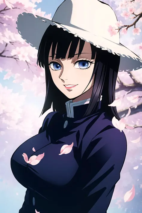 kimetsu no yaiba style, nico robin, 1girl, demon slayer uniform, haori, black hair, blue eyes, cherry blossoms, cowboy hat, ceyelashes, grin, hands in hair, hat, large breasts, lips, long hair, looking at viewer, parted lips, petals, smile, solo, upper body, short hair, anime coloring, ((masterpiece)) <lora:kimetsu_no_yaiba_style_offset:1> <lora:nico_robin_pre_timeskip_offset:1>