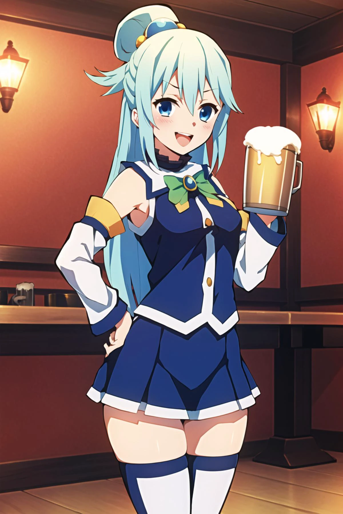 kimetsu no yaiba style, aqua \(konosuba\), 1girl, :d, bangs, bare shoulders, beer mug, tavern, blue eyes, blue hair, blue thighhighs, blush, breasts, cowboy shot, cup, detached sleeves, hair between eyes, hair bobbles, hair ornament, hair rings, half updo, hand on hip, holding, holding cup, long hair, looking at viewer, mug, neck ruff, open mouth, indoors, single hair ring, small breasts, smile, solo, standing, tareme, thigh gap, thighhighs, topknot, very long hair, white thighhighs, zettai ryouiki kono subarashii sekai ni shukufuku wo!, anime coloring, ((masterpiece)) <lora:aqua_konosuba-000035:0.65> <lora:kimetsu_no_yaiba_style_offset:1>
