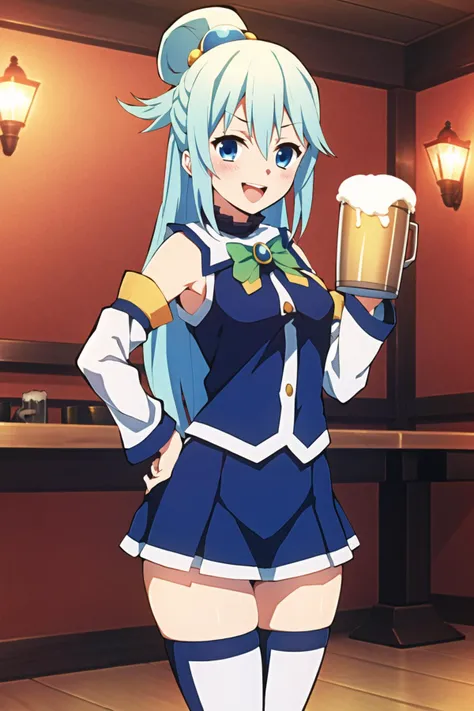 kimetsu no yaiba style, aqua \(konosuba\), 1girl, :d, bangs, bare shoulders, beer mug, tavern, blue eyes, blue hair, blue thighhighs, blush, breasts, cowboy shot, cup, detached sleeves, hair between eyes, hair bobbles, hair ornament, hair rings, half updo, hand on hip, holding, holding cup, long hair, looking at viewer, mug, neck ruff, open mouth, indoors, single hair ring, small breasts, smile, solo, standing, tareme, thigh gap, thighhighs, topknot, very long hair, white thighhighs, zettai ryouiki kono subarashii sekai ni shukufuku wo!, anime coloring, ((masterpiece)) <lora:aqua_konosuba-000035:0.65> <lora:kimetsu_no_yaiba_style_offset:1>
