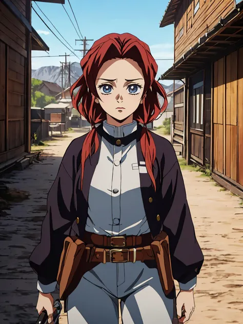 masterpiece, best quality, 1girl, <lora:kimetsu_no_yaiba_style_offset:1> kimetsu no yaiba style, a female gunfighter in a Wild West setting, holding revolver, cowboy western,
anime screencap,