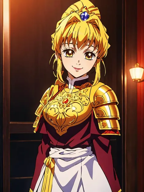 masterpiece, best quality, 1girl, <lora:kimetsu_no_yaiba_style_offset:1> kimetsu no yaiba style, a female Persian warrior princess with ornate armor, tiara, hair ornament, gold trim, ponytail, bangs, (closed eyes:0.45), light smile, cowboy shot, looking at viewer, head tilt,
anime screencap, intricate detail,