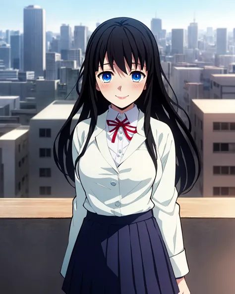 ((masterpiece)) best quality, anime coloring, 8kwallpaper, wallpaper, very detailed, highly detailed, 1 girl, long black hair, blue eyes, tall, white school uniform, black blazer, red hair ribbon, looking at viewer, slight blush, smile, standing, black skirt, city background
<lora:demonSlayerKimetsuNo_offset:1>