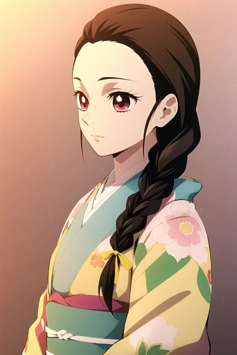 kimetsu no yaiba style,1girl, solo, japanese clothes, kimono, red eyes, long hair, hair over shoulder, braid, floral print, brown hair, upper body, anime coloring, ((masterpiece)) <lora:kimetsu_no_yaiba_style_offset:1>