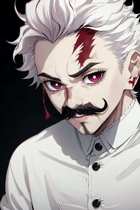 1boy, mustache, white short hair, (scar on face:1.3), dark eyes, gothic outfit, <lora:kimetsu_no_yaiba_style_offset:0.8>