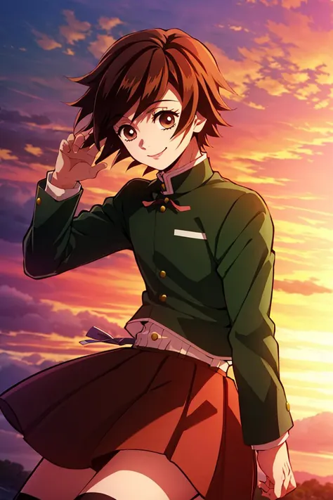 best quality, fujisaki chihiro, kimetsu no yaiba style, 1boy, otoko no ko, light brown hair, green jacket, ribbon, brown skirt, kneehighs, anime coloring, smile, sunset, sword, windy, <lora:chihiro-nvwls-v1:0.95>,  <lora:kimetsu_no_yaiba_style_offset:1>