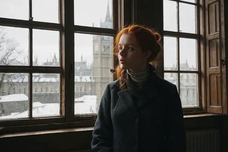 weird unusual angle view, photography of a ravishing ginger feverish working class irish young girl in the 19th century, wearing a modest winter outfit, sinister expression, standing by the window of her poor London attic flat, looking through the window, detailed face, subsurface scattering, transluscency, skin pores, skin fuzz, vellus hair, cold tones, winter season, dim light exquisite natural backlighting, cinematic LUT, film grain