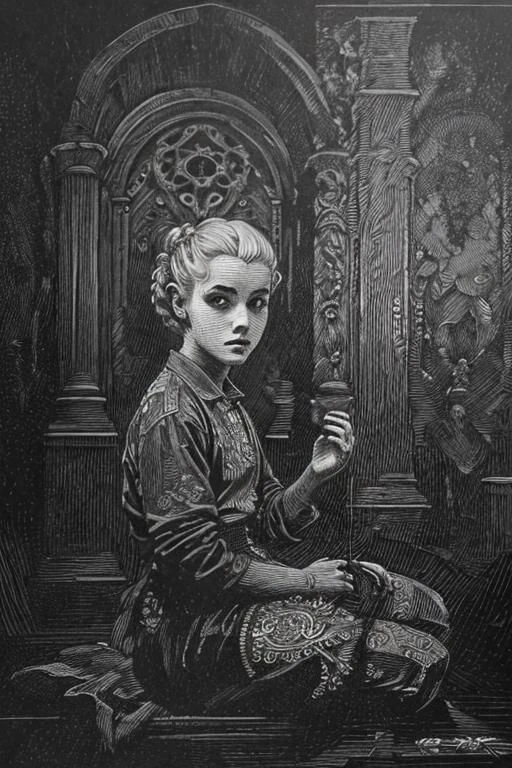 award winning black and white engraving portrait of a pretty young irish ( girl:1.5), platinum blond, victorian era updo hairstyle, curly locks, blue eyes, wearing a latex harness, (sinister expression:1.2), sitting lotus pose meditation, operating the controls from a wall panel, in a dark brutalist room, concrete, cement, iron, pipes, ducts, valves, bellows, pressure counter, gauges, gears, nuts, bolts, dust, dusty, rust, rusty, dirt, dirty, grease, greasy, intricately detailed, dramatic backlighting