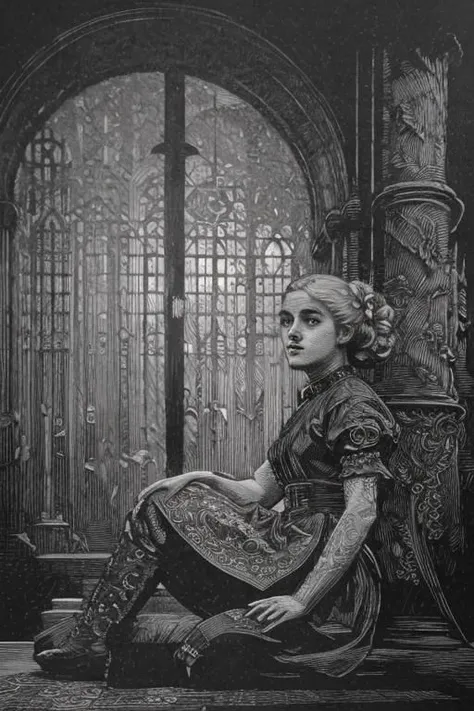 award winning black and white engraving portrait of a pretty young irish ( girl:1.5), platinum blond, victorian era updo hairstyle, curly locks, blue eyes, wearing a latex harness, (sinister expression:1.2), sitting lotus pose meditation, operating the controls from a wall panel, in a dark brutalist room, concrete, cement, iron, pipes, ducts, valves, bellows, pressure counter, gauges, gears, nuts, bolts, dust, dusty, rust, rusty, dirt, dirty, grease, greasy, intricately detailed, dramatic backlighting