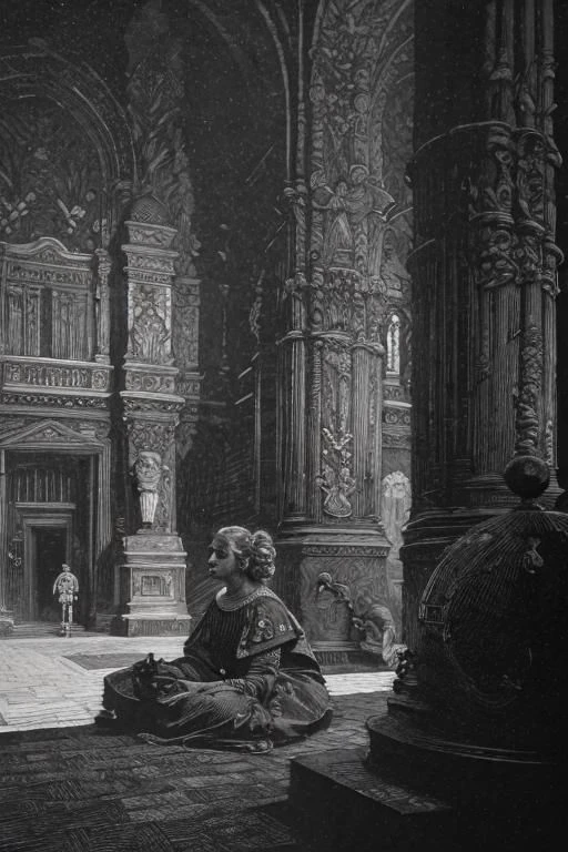 award winning black and white engraving portrait of a pretty young irish ( girl:1.5), platinum blond, victorian era updo hairstyle, curly locks, blue eyes, wearing a latex harness, (sinister expression:1.2), sitting lotus pose meditation, operating the controls from a wall panel, in a dark brutalist room, concrete, cement, iron, pipes, ducts, valves, bellows, pressure counter, gauges, gears, nuts, bolts, dust, dusty, rust, rusty, dirt, dirty, grease, greasy, intricately detailed, dramatic backlighting