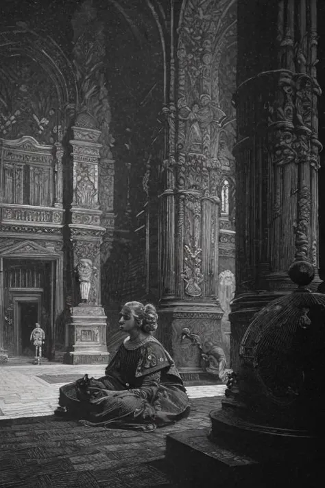 award winning black and white engraving portrait of a pretty young irish (teen girl:1.5), platinum blond, victorian era updo hairstyle, curly locks, blue eyes, wearing a latex harness, (sinister expression:1.2), sitting lotus pose meditation, operating the controls from a wall panel, in a dark brutalist room, concrete, cement, iron, pipes, ducts, valves, bellows, pressure counter, gauges, gears, nuts, bolts, dust, dusty, rust, rusty, dirt, dirty, grease, greasy, intricately detailed, dramatic backlighting