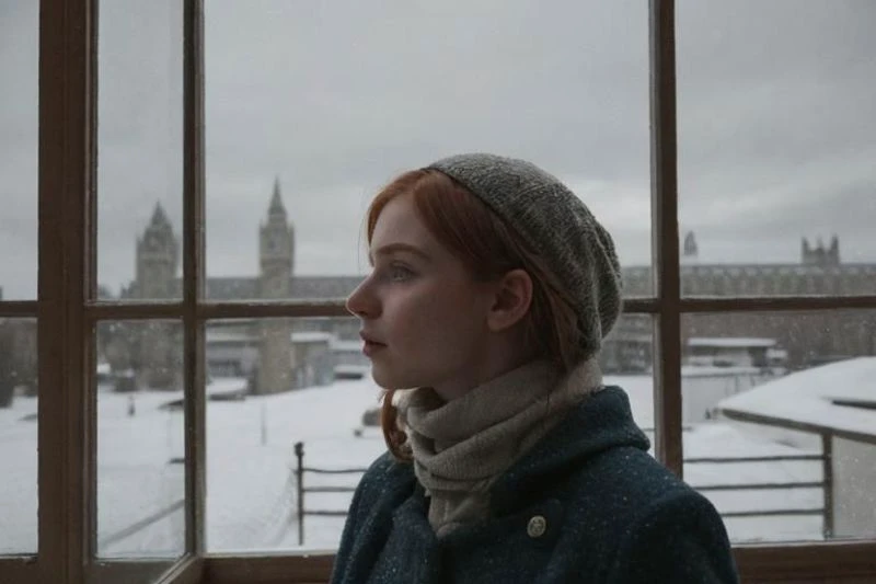 weird unusual angle view, photography of a ravishing ginger feverish working class irish young girl in the 19th century, wearing a modest winter outfit, sinister expression, standing by the window of her poor London attic flat, looking through the window, detailed face, subsurface scattering, transluscency, skin pores, skin fuzz, vellus hair, cold tones, winter season, dim light exquisite natural backlighting, cinematic LUT, film grain