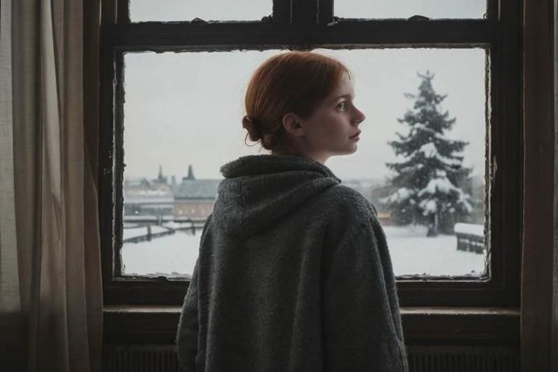 weird unusual angle view, photography of a ravishing ginger feverish working class irish young girl in the 19th century, wearing a modest winter outfit, sinister expression, standing by the window of her poor London attic flat, looking through the window, detailed face, subsurface scattering, transluscency, skin pores, skin fuzz, vellus hair, cold tones, winter season, dim light exquisite natural backlighting, cinematic LUT, film grain