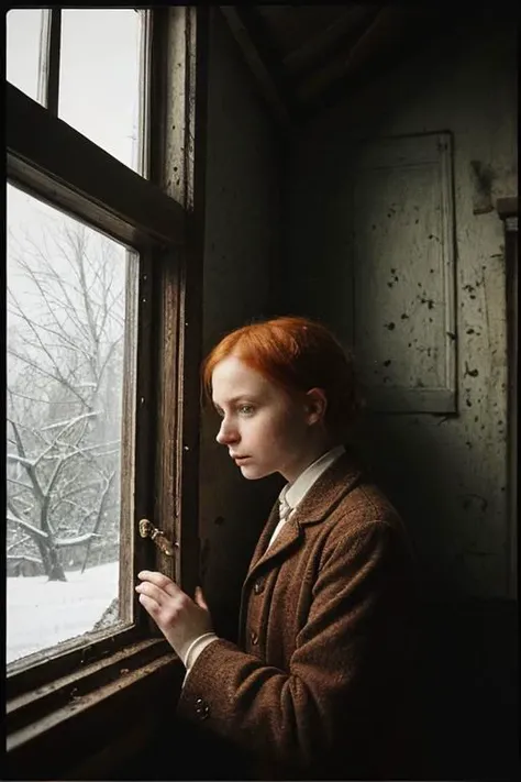 weird unusual angle view, photography of a ravishing ginger feverish working class irish young girl in the 19th century, wearing a modest winter outfit, sinister expression, standing by the window of her poor London attic flat, looking through the dirty frozen window, detailed face, subsurface scattering, transluscency, skin pores, skin fuzz, vellus hair, dirt, dust, coal, heater, pipes, ducts, rust, cold tones, winter season, dim light exquisite natural backlighting, cinematic LUT, film grain